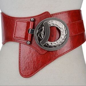 Red Leather Hammered Beaded Buckle Wide Corset Belt NEW